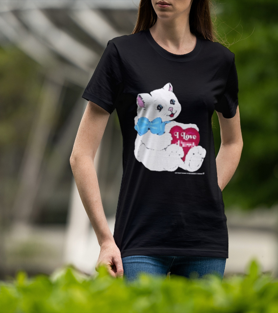 I Love Pussy Cats Heart Blue Bow Adorable White Kitten T-Shirt