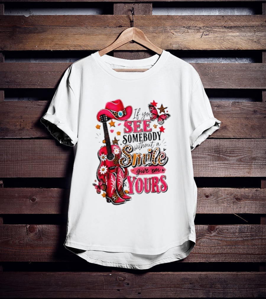 If You See Somebody Without A Smile Give 'Em Yours Cowgirl Pink Hat Boots Butterfly Leopard Print T-Shirt