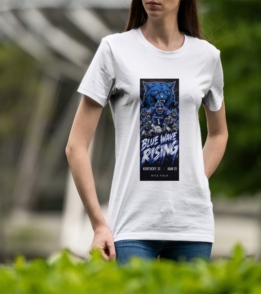 NCAA Kentucky Wildcats Blue Wave Rising 31 To 21 Victory At Texas AM Kyle Field T-Shirt