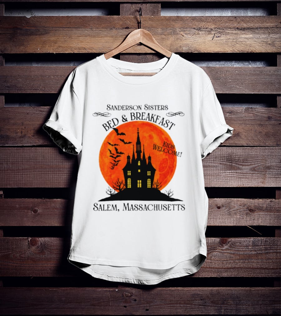 Sanderson Sisters Bed And Breakfast Kids Welcome Salem Massachusetts Halloween Bats Haunted House T-Shirt