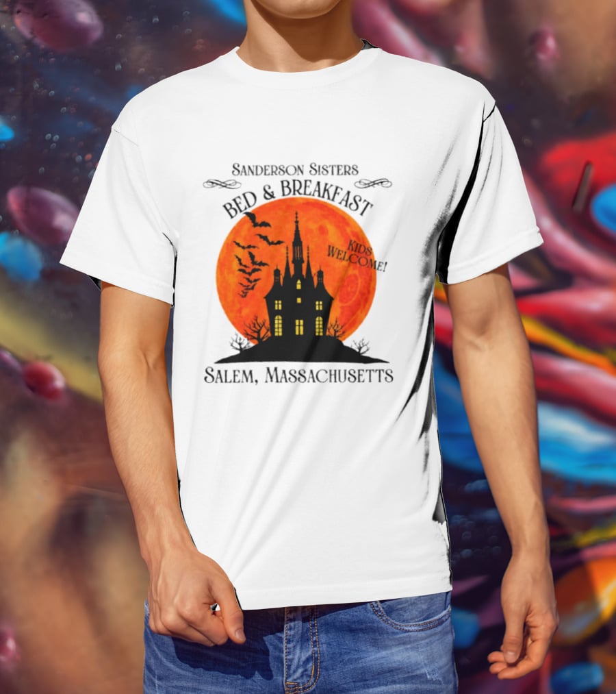 Sanderson Sisters Bed And Breakfast Kids Welcome Salem Massachusetts Halloween Bats Haunted House T-Shirt