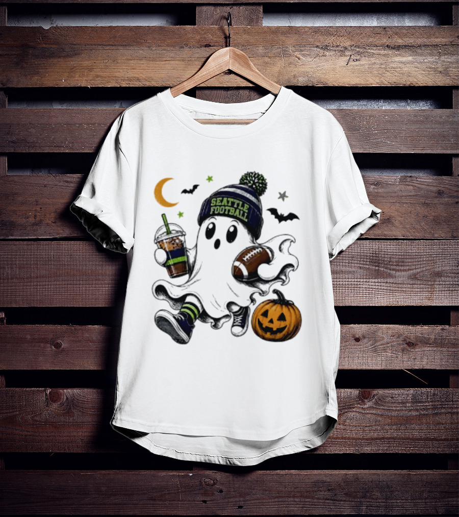 Seattle Football Halloween Ghost With Pumpkin Coffee And Moon T-Shirt
