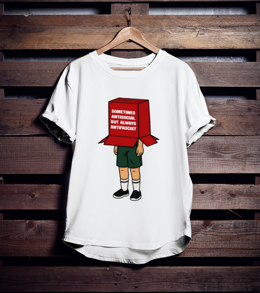 Sometimes Antisocial But Always Antifascist Box Head Cartoon T-Shirt