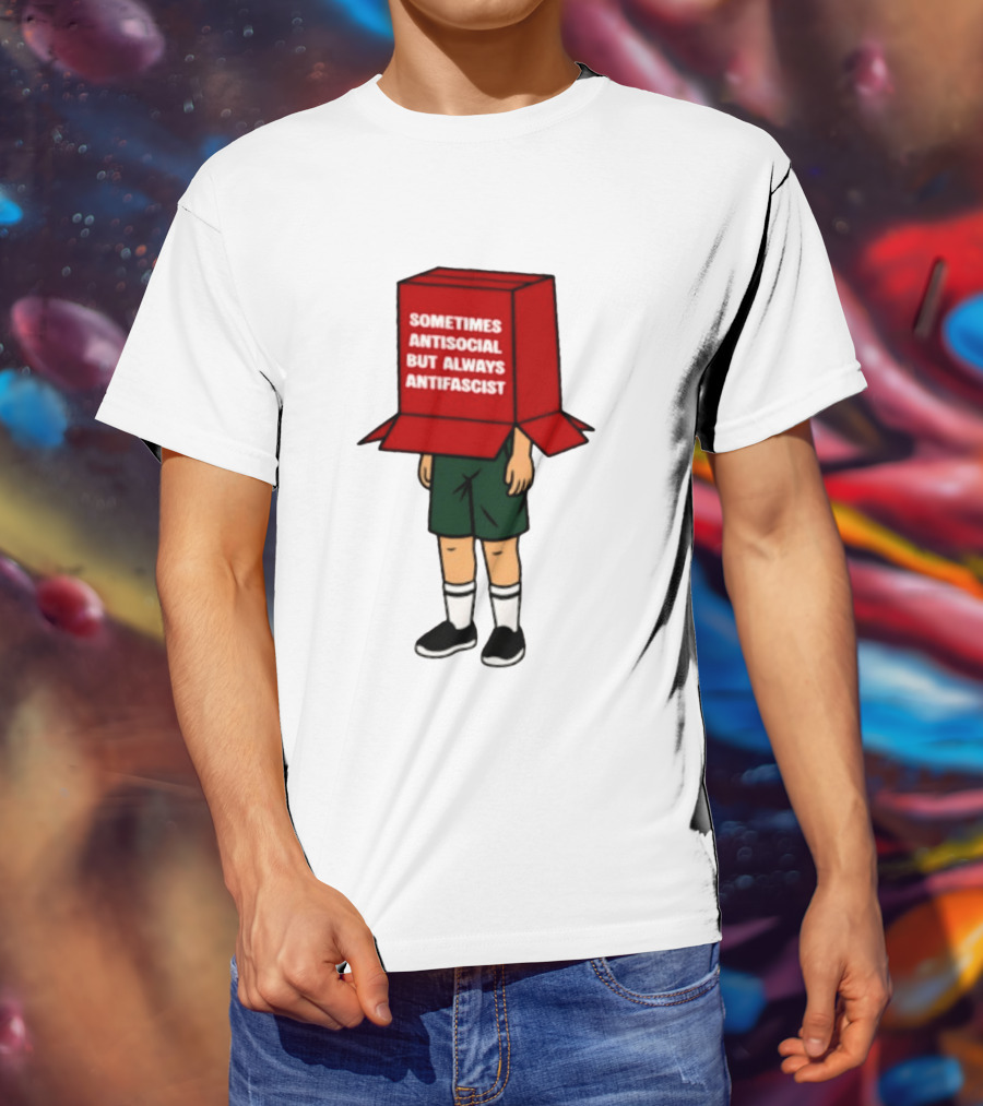 Sometimes Antisocial But Always Antifascist Box Head Cartoon T-Shirt