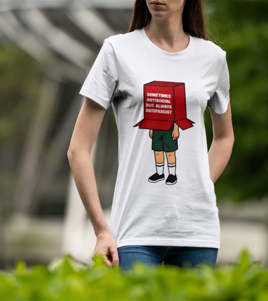 Sometimes Antisocial But Always Antifascist Box Head Cartoon T-Shirt