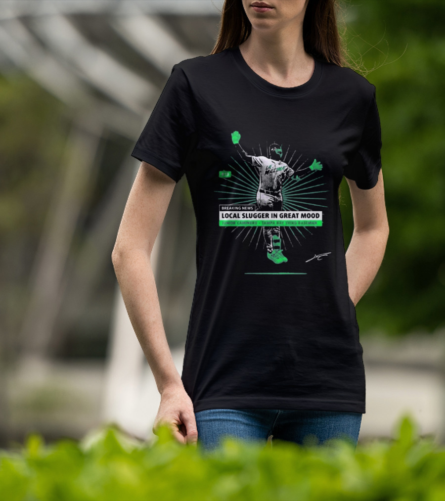 Breaking News Local Slugger In Great Mood Junior Caminero Tampa Bay #13 T-Shirt