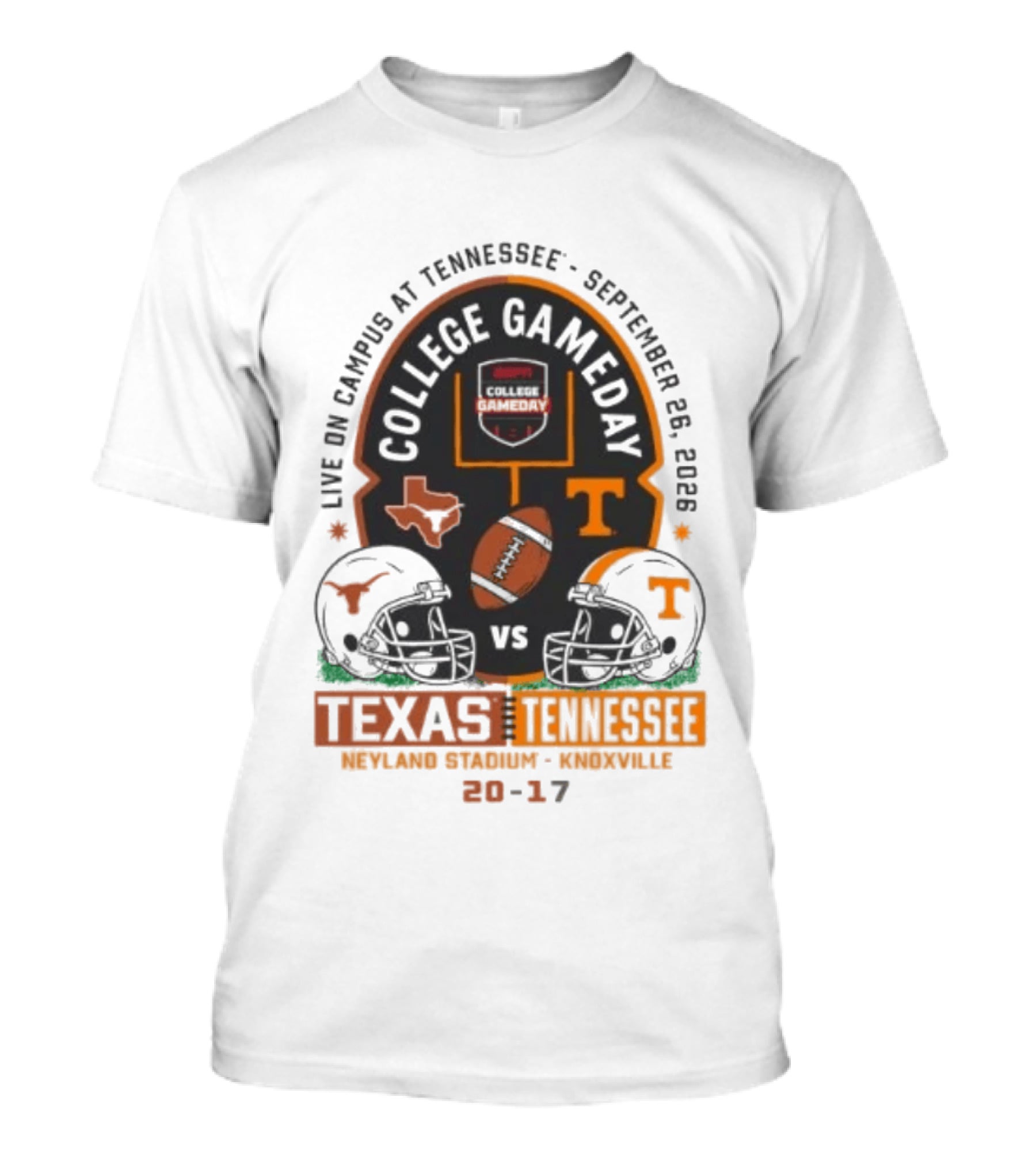 Live On Campus At Tennessee September 26 2026 College GameDay Neyland Stadium Knoxville Texas Longhorns Vs Tennessee Volunteers 20 17 T-Shirt