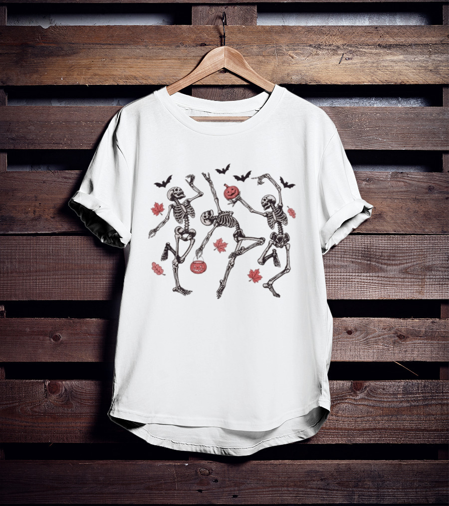 Halloween Pumpkin Dancing Skeletons With Red Autumn Leaves And Bats T-Shirt