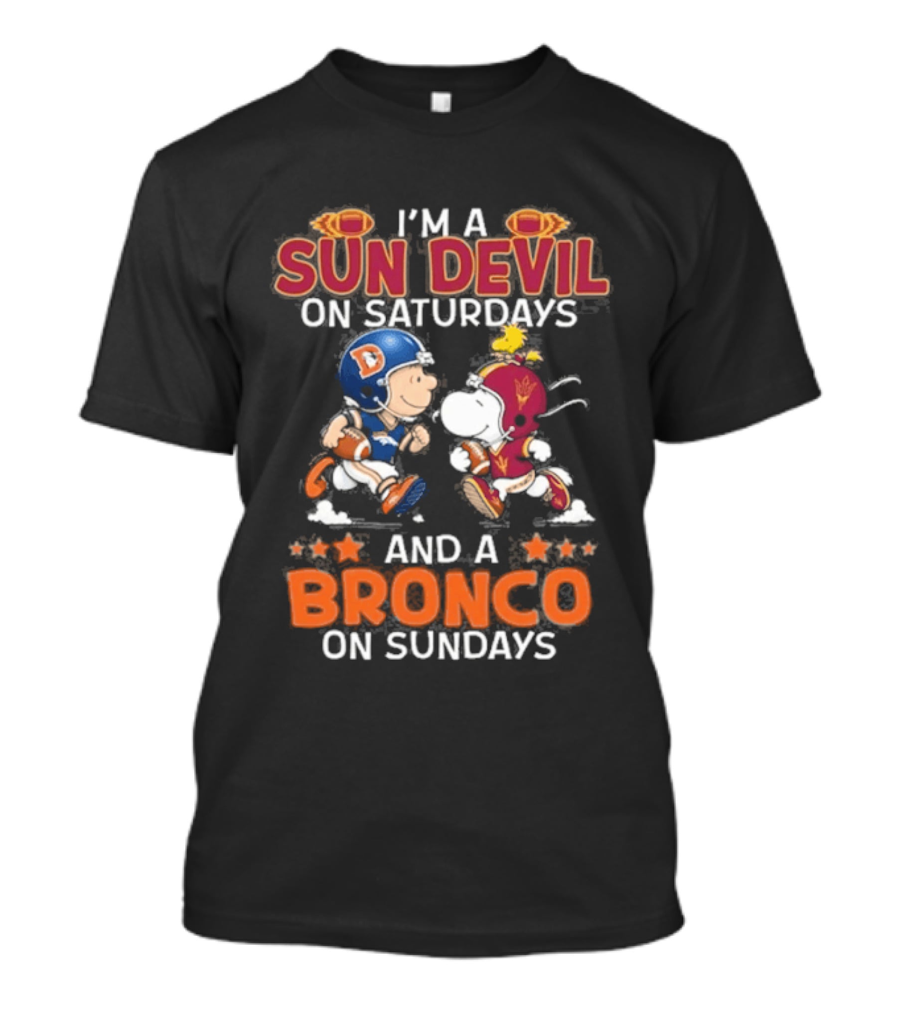 Charlie Brown Snoopy Sun Devil Saturdays Broncos Sundays Football Fan Duo T-Shirt