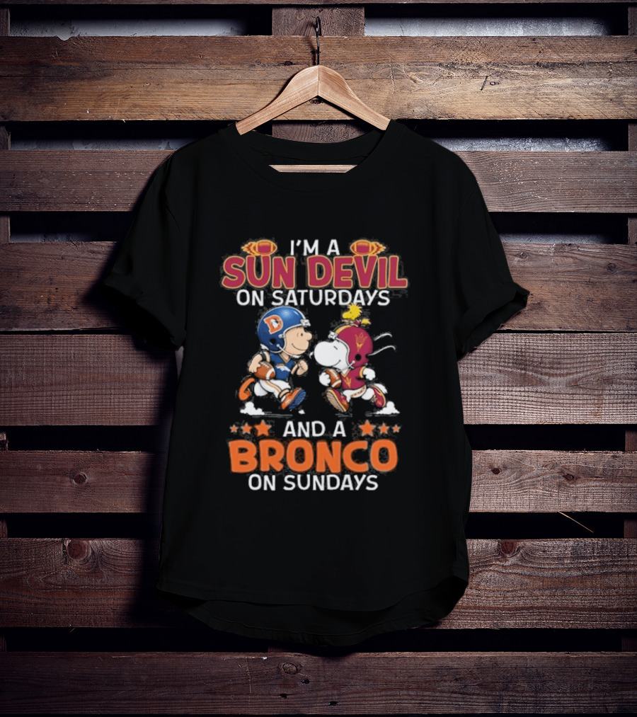 Charlie Brown Snoopy Sun Devil Saturdays Broncos Sundays Football Fan Duo T-Shirt