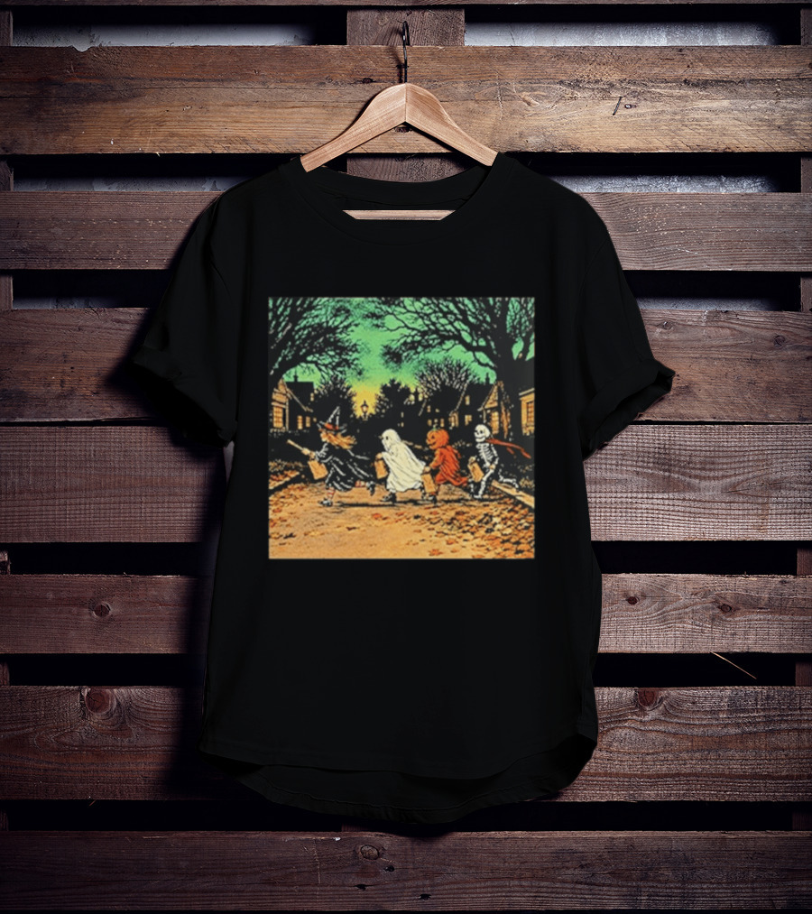Trick Or Treat Witch Ghost Pumpkin Skeleton Halloween Scene T-Shirt