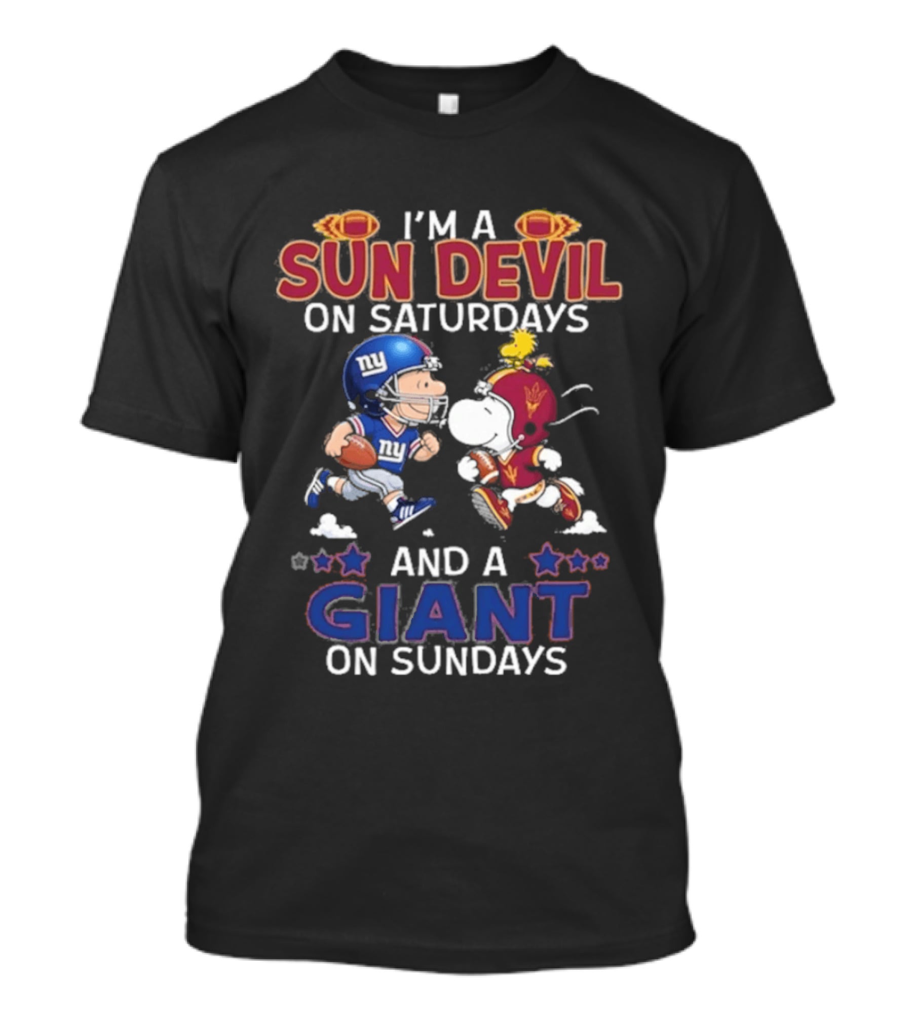 I'm A Sun Devil On Saturdays And A Giant On Sundays Charlie Brown And Snoopy Football T-Shirt