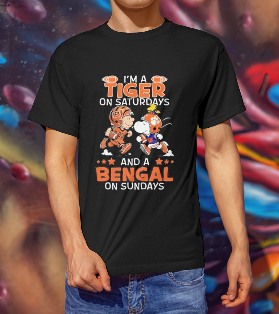Charlie Brown Snoopy Tiger Saturdays Bengal Sundays Football T-Shirt