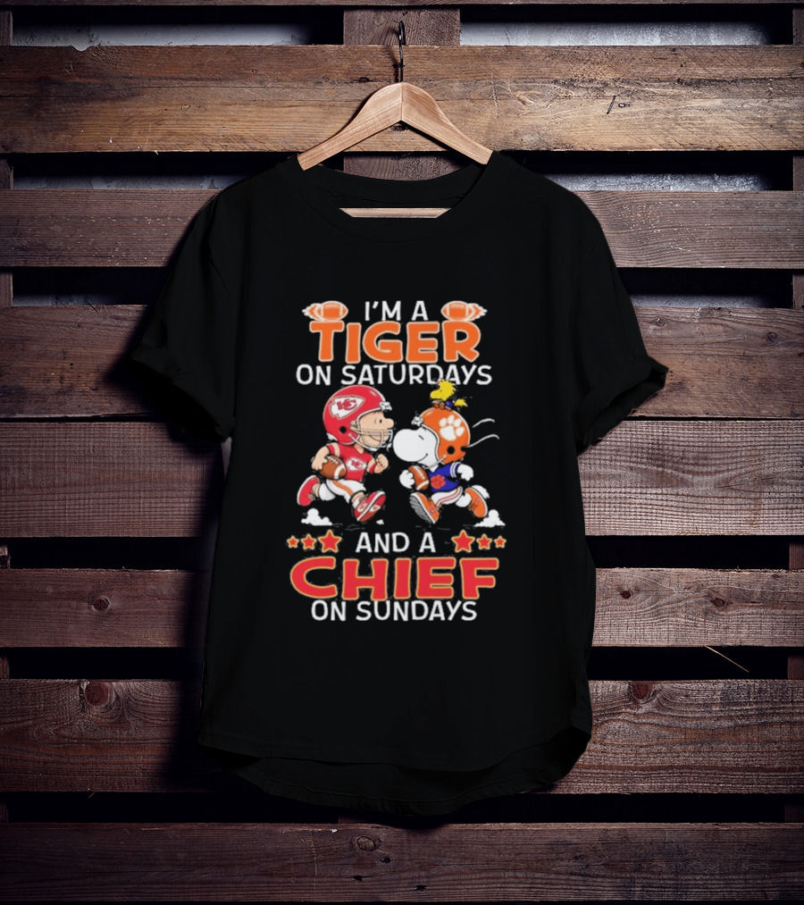 Charlie Brown Snoopy Tiger Saturdays Chief Sundays Football T-Shirt