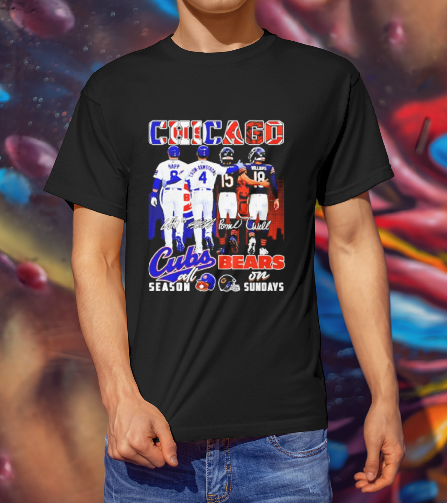 Chicago Cubs Happ And Bote Bears Fields And Moore Signature Skyline Sundays All Season T-Shirt