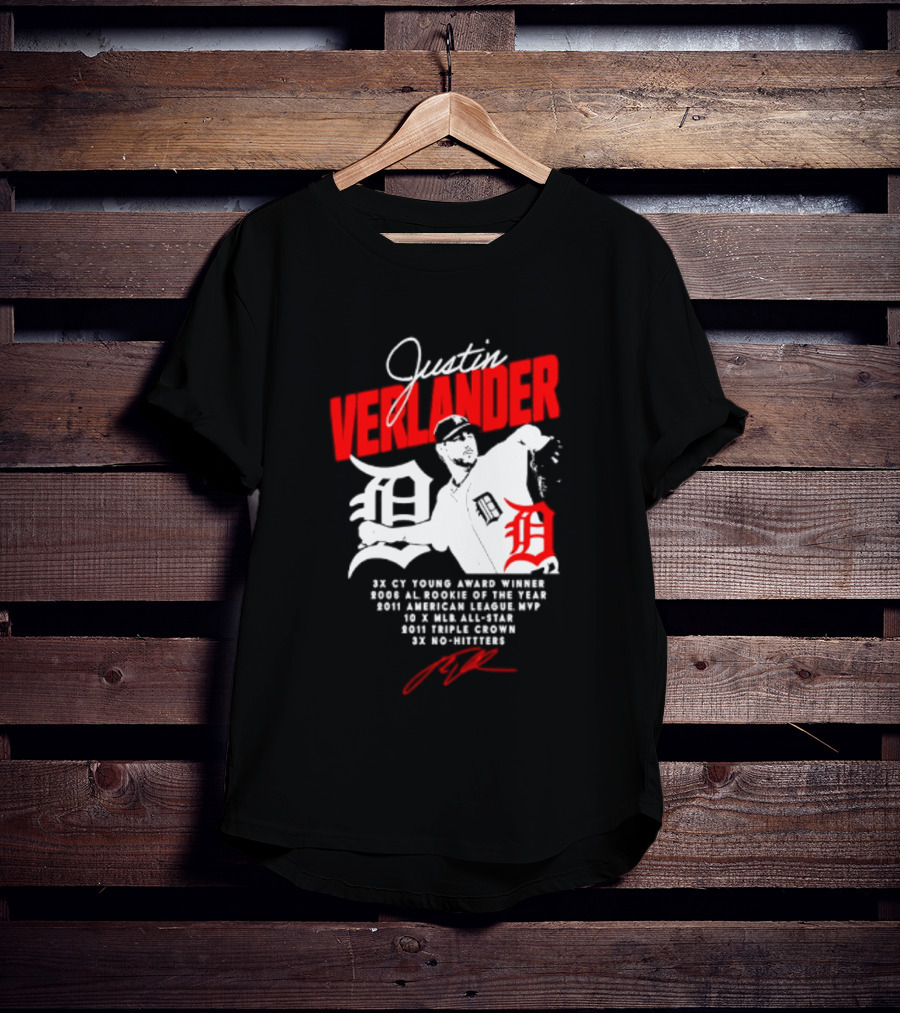 Detroit Tigers Justin Verlander No Hitter AL Rookie MVP Cy Young Winner MLB Career T-Shirt