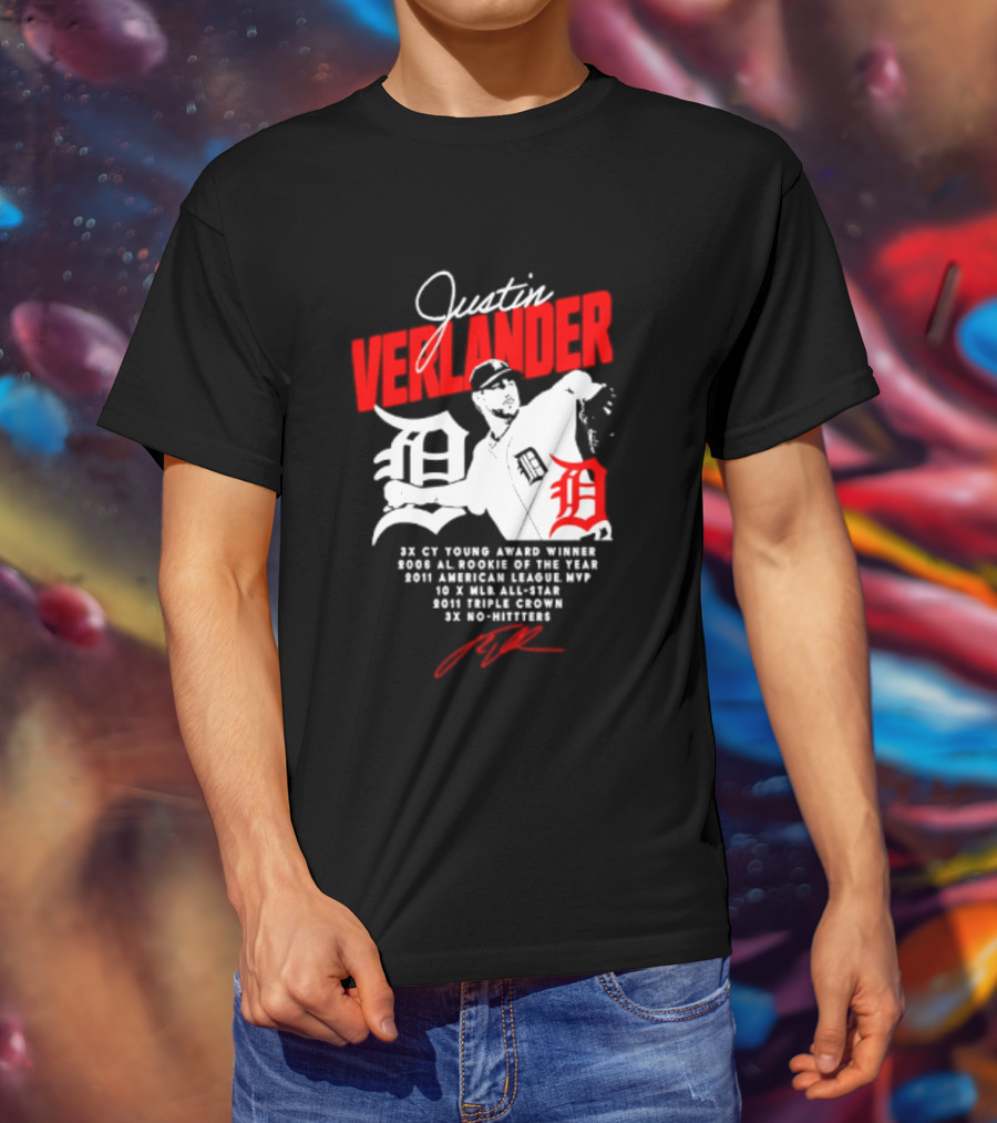 Detroit Tigers Justin Verlander No Hitter AL Rookie MVP Cy Young Winner MLB Career T-Shirt