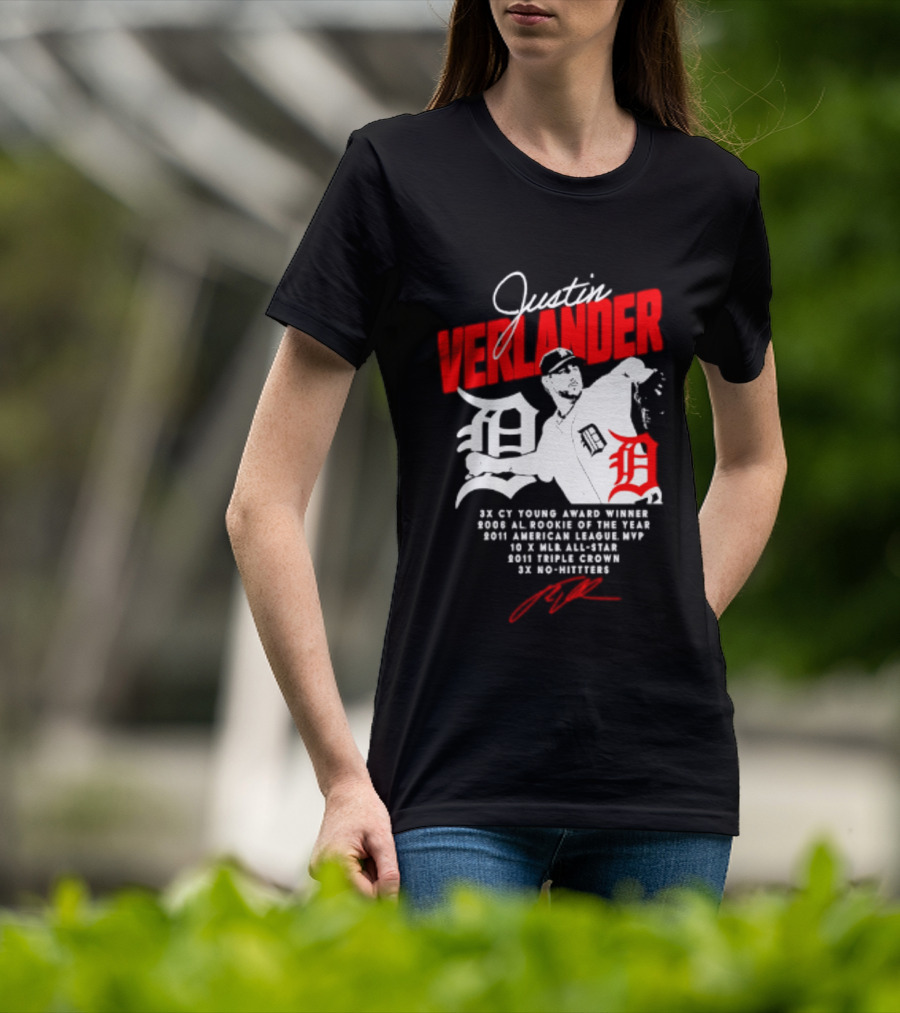 Detroit Tigers Justin Verlander No Hitter AL Rookie MVP Cy Young Winner MLB Career T-Shirt