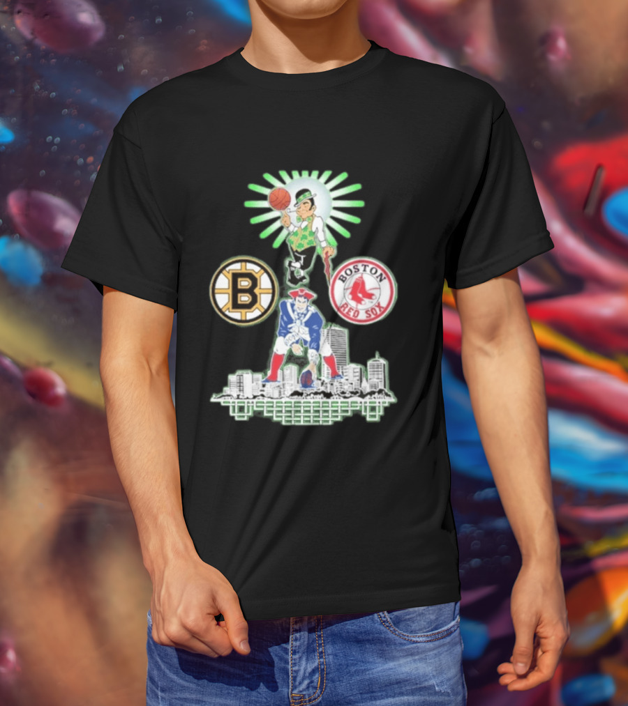 Boston Celtics Red Sox Bruins Skyline Triple Team Sports Boston T-Shirt