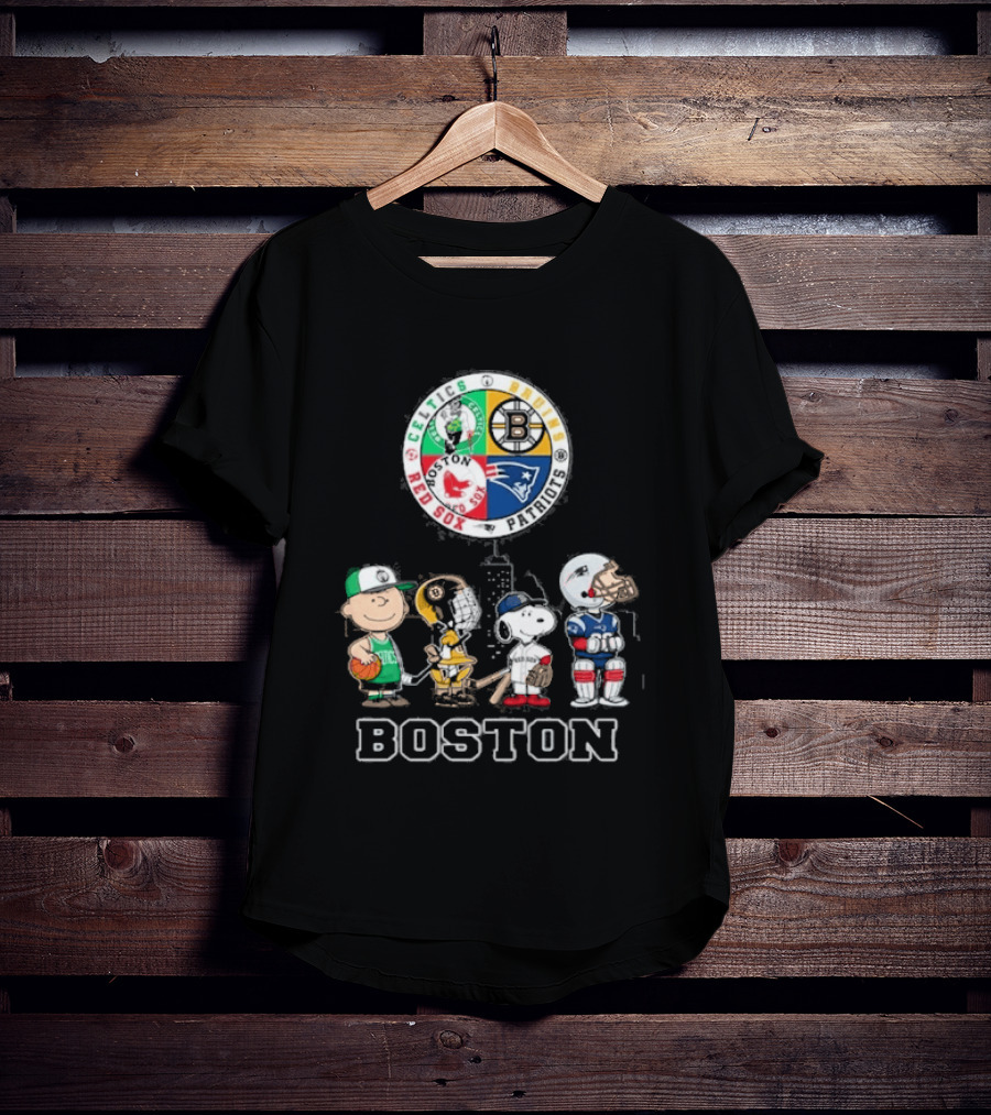 Boston Celtics Bruins Red Sox Patriots Cartoon Characters Skyline Sports T-Shirt