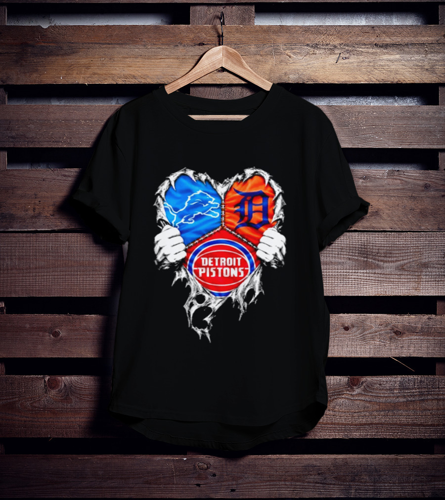 Detroit Lions Tigers Pistons Heart Scratch Mashup T-Shirt