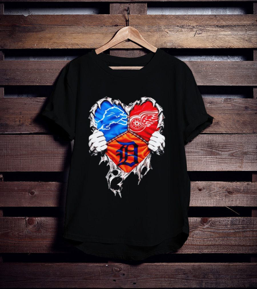 Detroit Lions Red Wings Tigers Heart Scratch Mashup T-Shirt