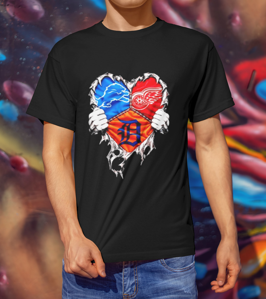 Detroit Lions Red Wings Tigers Heart Scratch Mashup T-Shirt
