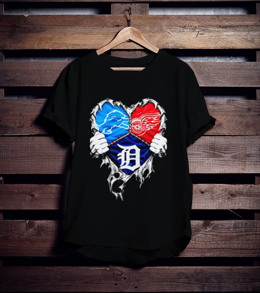 Detroit Lions Red Wings Tigers Heart Scratch Mashup T-Shirt