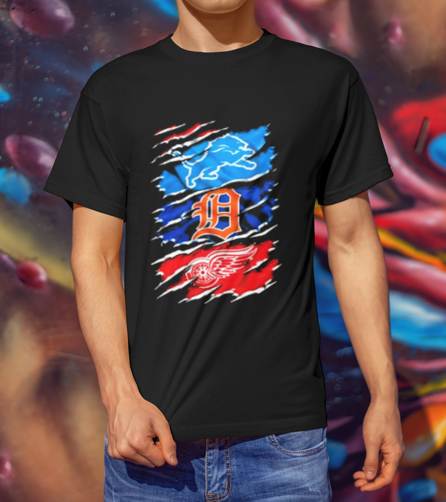 Detroit Lions Tigers Red Wings Scratch Mashup T-Shirt