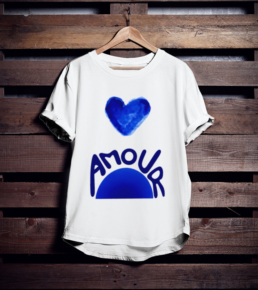 Amour Blue Heart French Love Watercolor T-Shirt