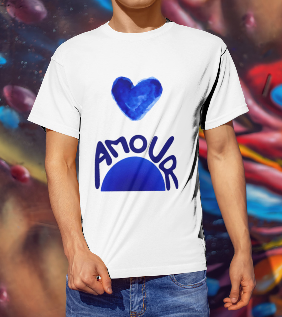 Amour Blue Heart French Love Watercolor T-Shirt