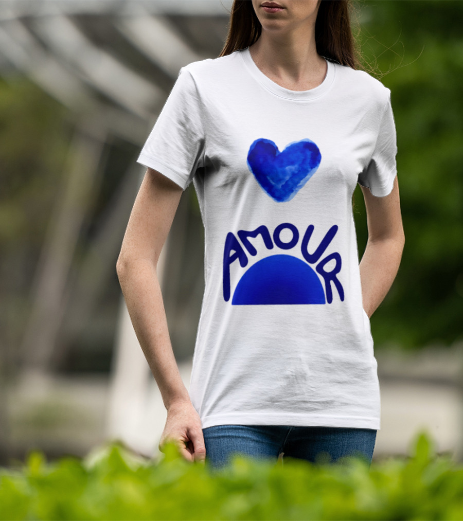 Amour Blue Heart French Love Watercolor T-Shirt