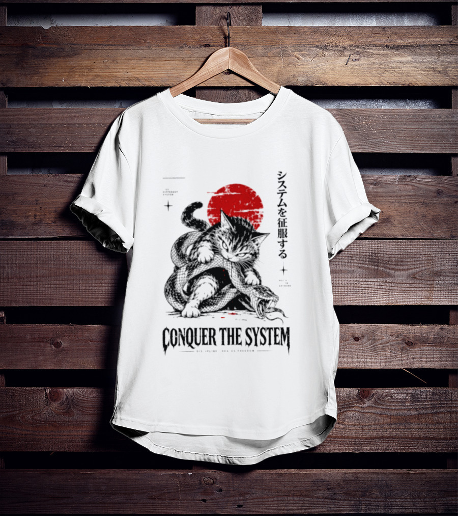 Cat Conquer The System Discipline Creates Freedom Japanese Style Red Sun T-Shirt