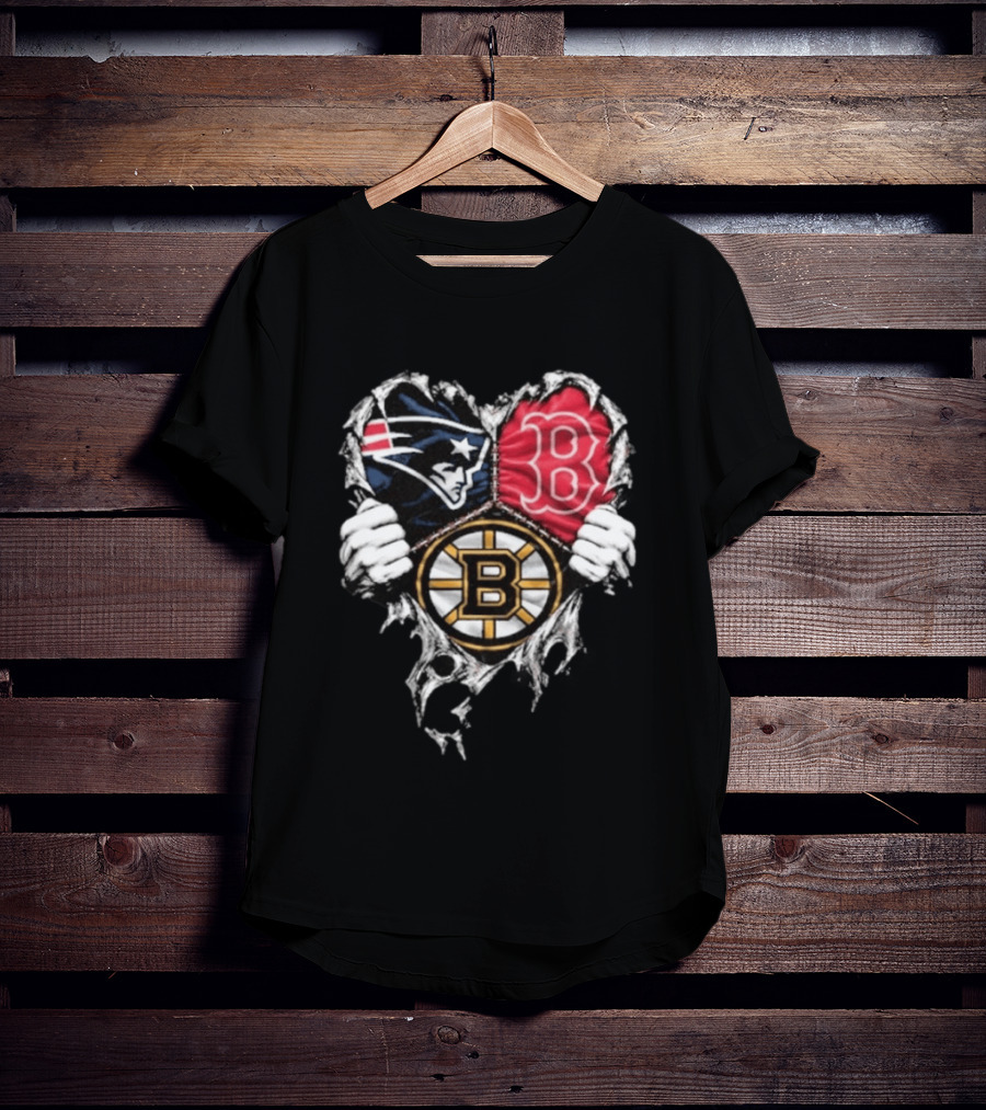 New England Patriots Boston Red Sox Boston Bruins Heart Iconic Trio T-Shirt