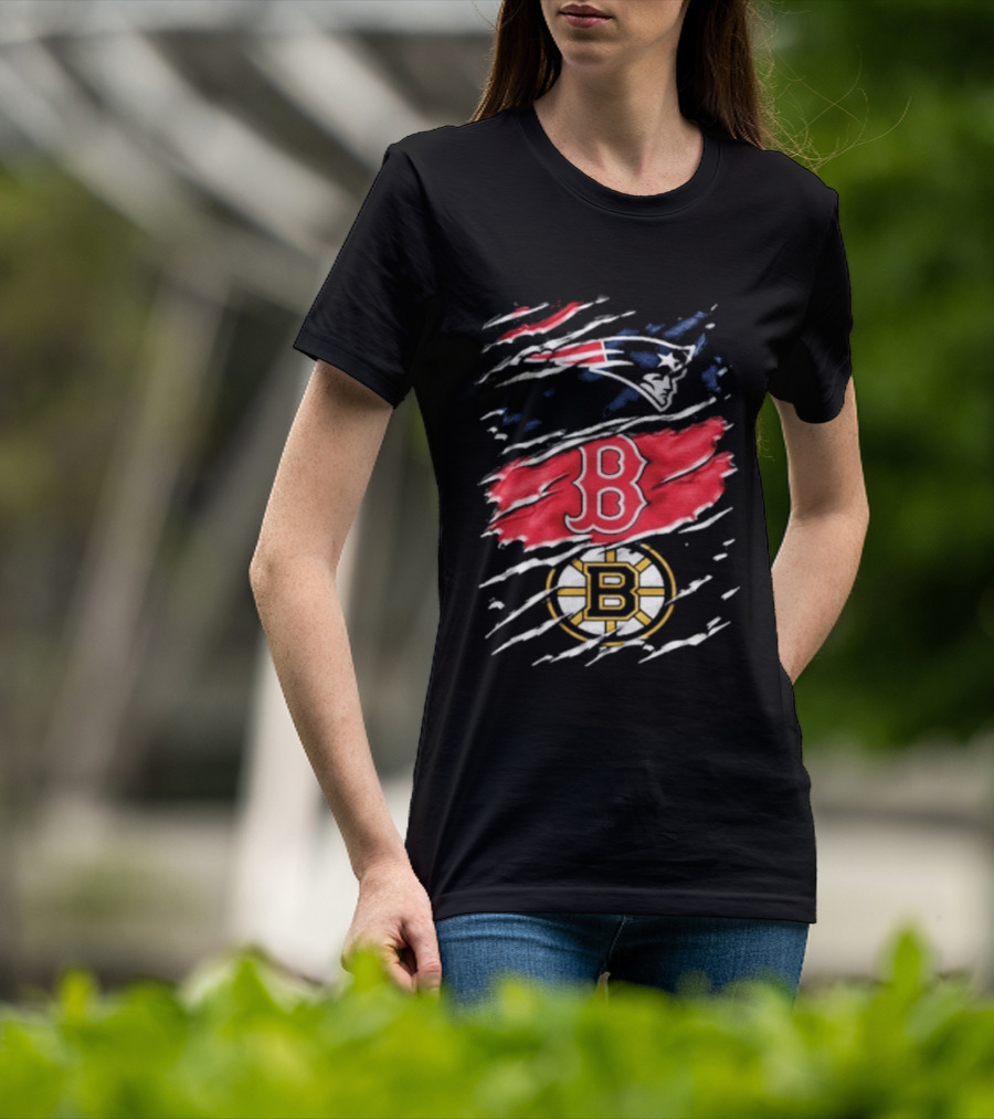 New England Patriots Boston Red Sox Boston Bruins Ripped Distressed Triple Team Sports T-Shirt