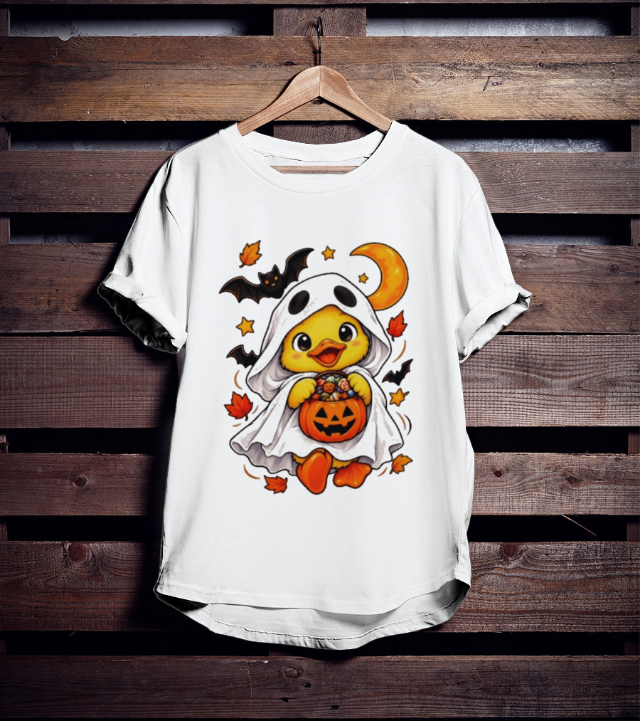 Ghost Ducking With Halloween Pumpkin Candy Bucket Bat Moon And Stars T-Shirt