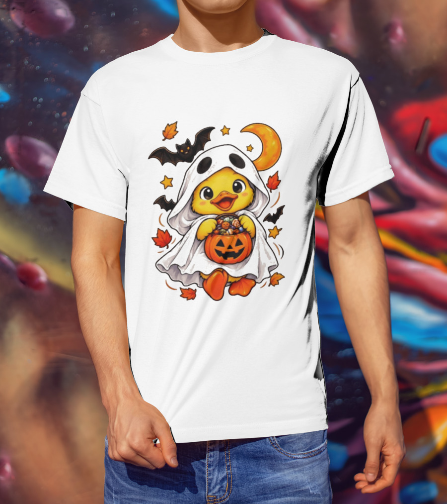 Ghost Ducking With Halloween Pumpkin Candy Bucket Bat Moon And Stars T-Shirt