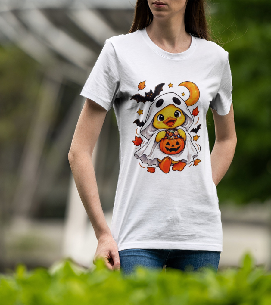Ghost Ducking With Halloween Pumpkin Candy Bucket Bat Moon And Stars T-Shirt