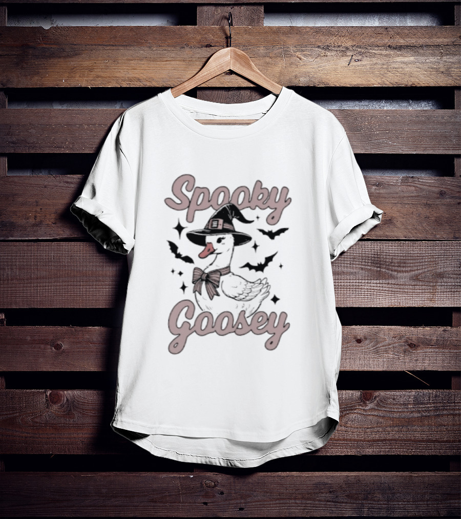 Spooky Goosey Witch Hat Bow Halloween Bats And Stars T-Shirt