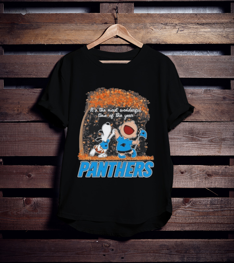 Carolina Panthers Snoopy Charlie Brown Dancing It's The Most Wonderful Time Of The Year 2026 T-Shirt