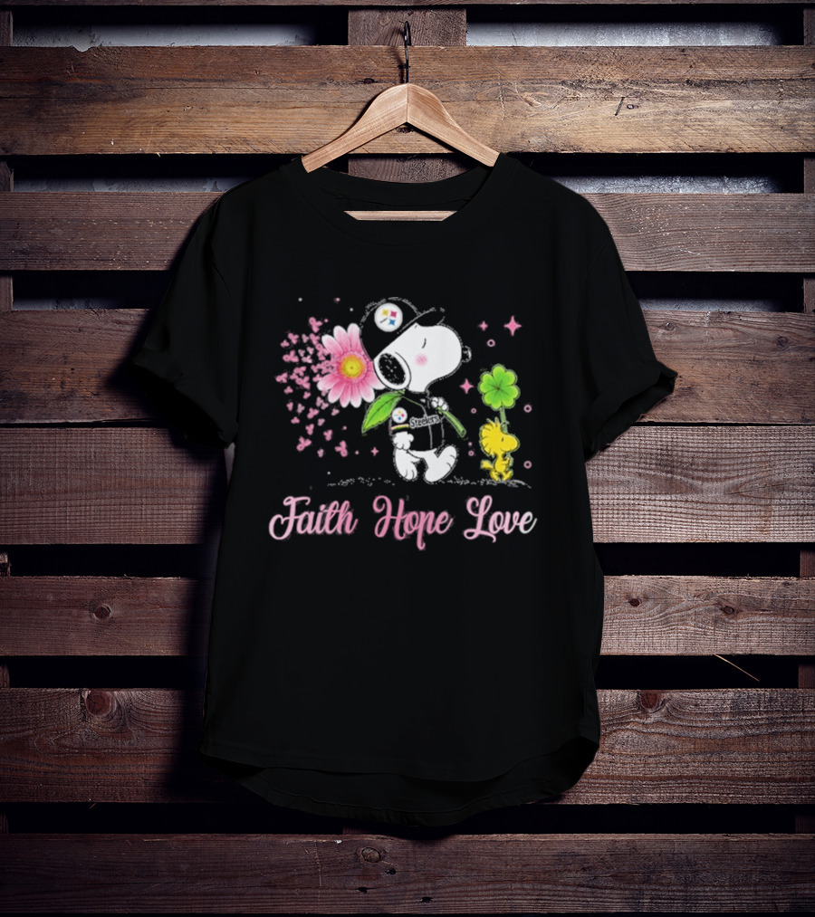 Pittsburgh Steelers Snoopy Woodstock 2026 Faith Hope Love Breast Cancer Awareness T-Shirt