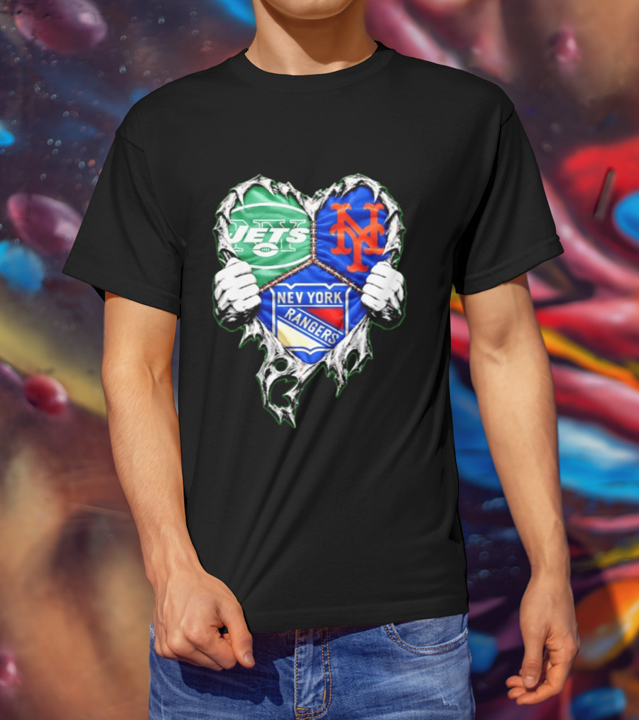New York Jets Mets Rangers Heart Mashup Scratch T-Shirt