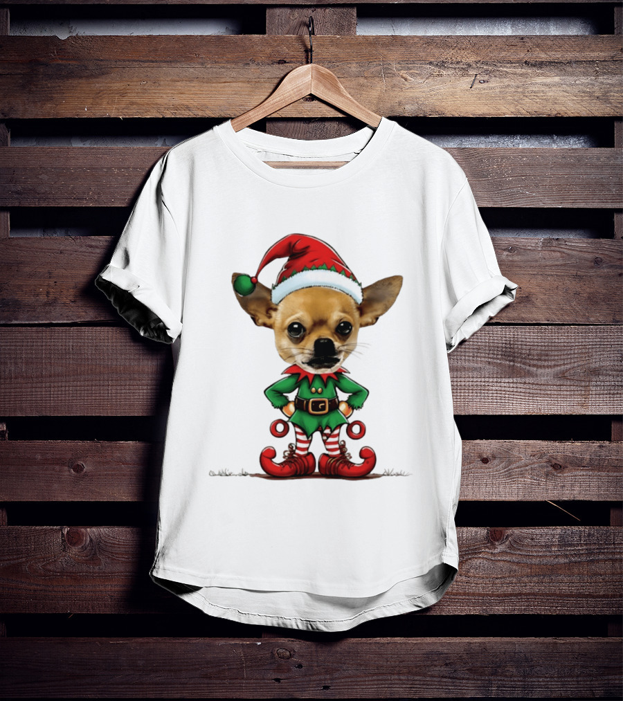 Chihuahua Elf Christmas 2026 Humor Meme Festive Dog In Santa Hat And Green Elf Outfit T-Shirt