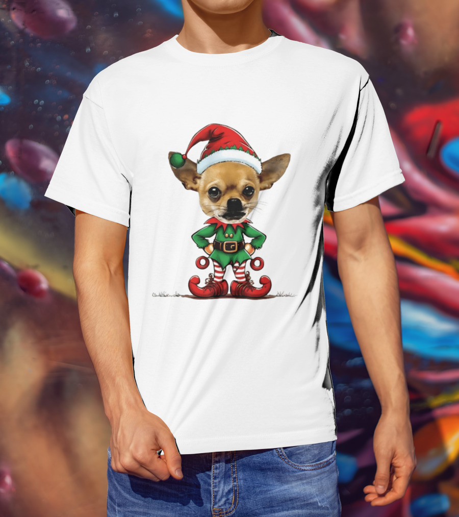 Chihuahua Elf Christmas 2026 Humor Meme Festive Dog In Santa Hat And Green Elf Outfit T-Shirt