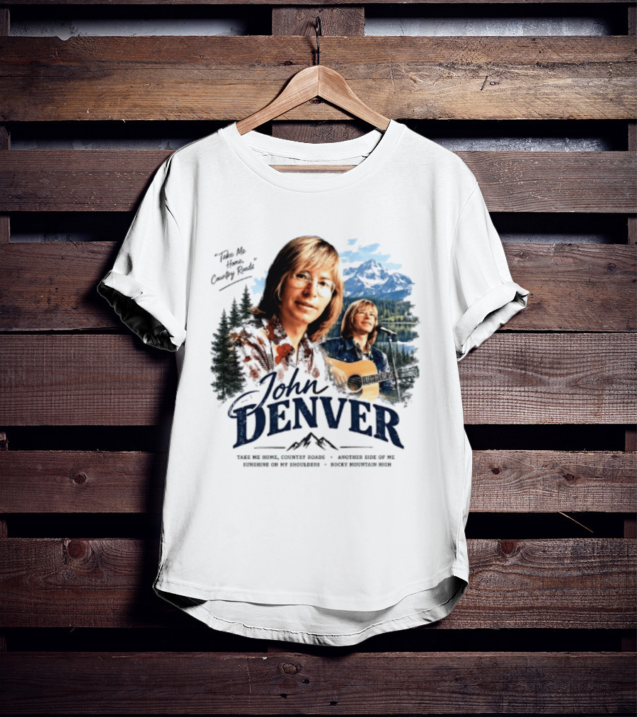 John Denver Take Me Home Country Roads Lyrics Mountains Forest Guitar Scene T-Shirt