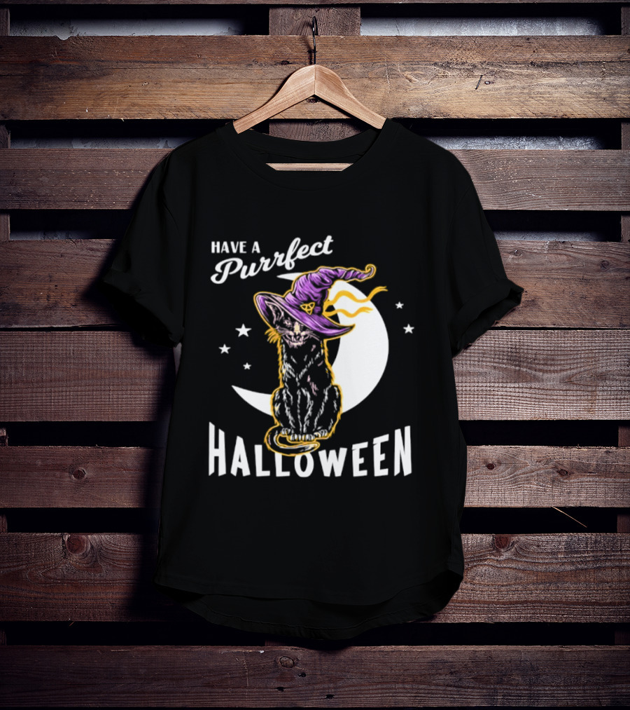 Have A Purrfect Halloween Black Cat And Moon With Witch Hat T-Shirt