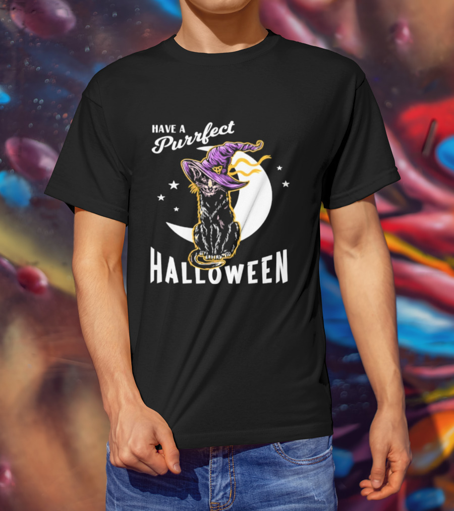 Have A Purrfect Halloween Black Cat And Moon With Witch Hat T-Shirt