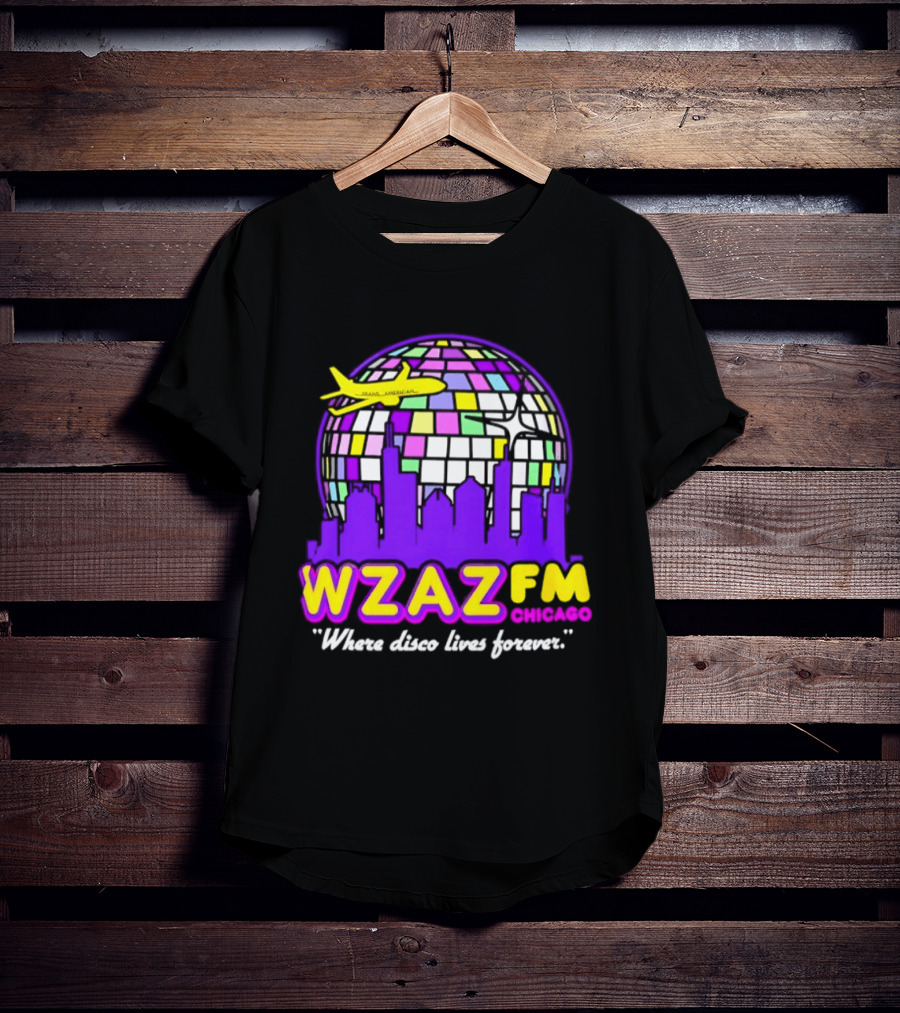 WZAZ FM Chicago Disco Globe And Skyline Where Disco Lives Forever T-Shirt