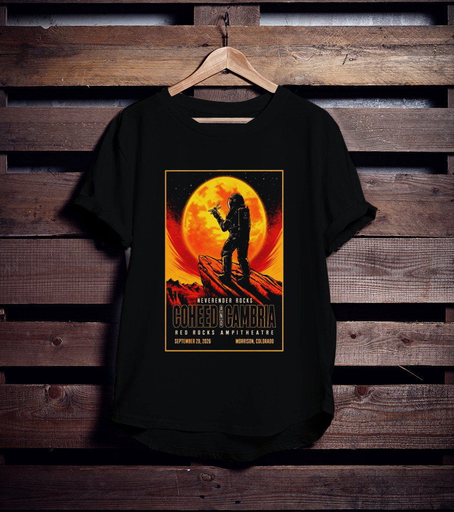 Neverender Rocks Coheed And Cambria Red Rocks Ampitheatre Morrison Colorado September 29 2026 Astronaut Orange Moon Scene T-Shirt