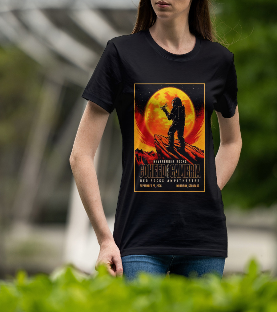 Neverender Rocks Coheed And Cambria Red Rocks Ampitheatre Morrison Colorado September 29 2026 Astronaut Orange Moon Scene T-Shirt